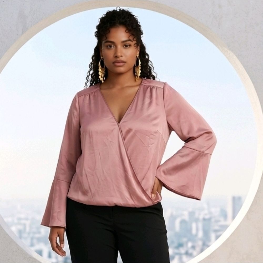 White House Black Market Satin Surplice Blouse Blush Pink Bell Sleeve Plus 20W